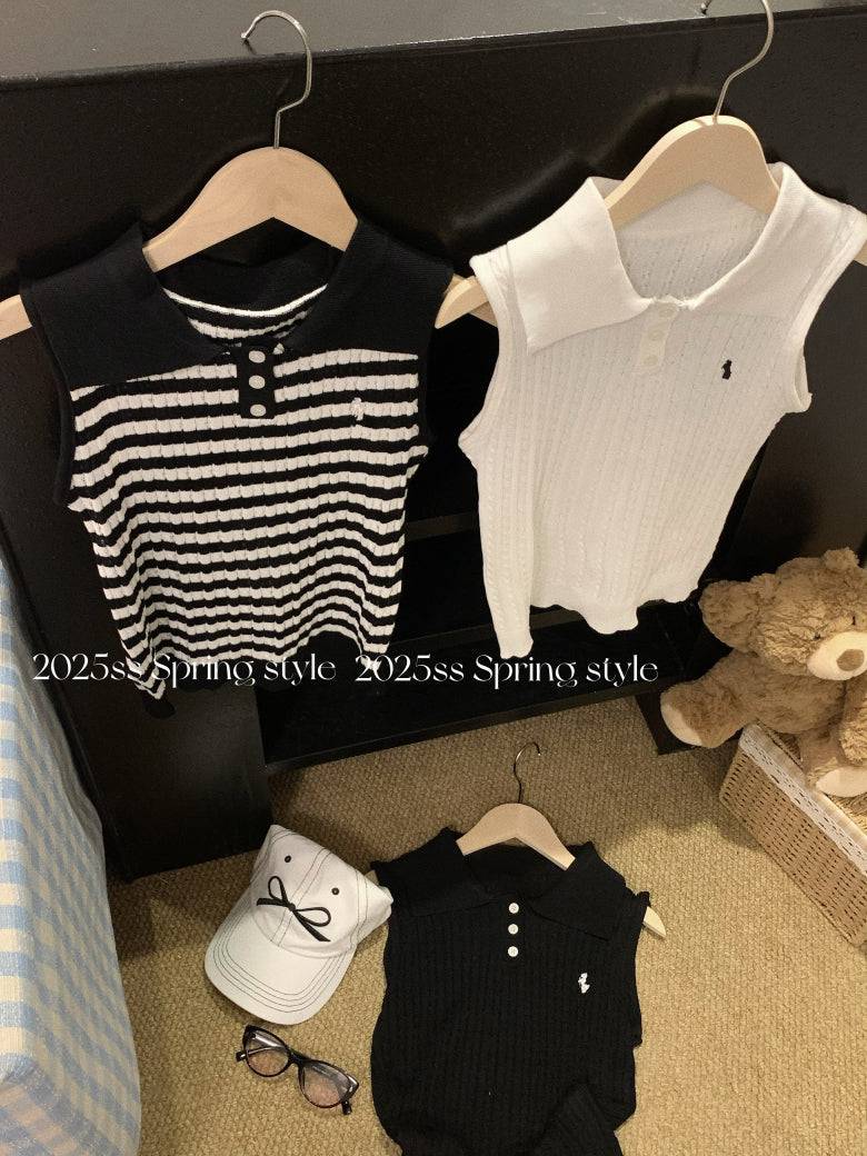 OOTDAY polo knit tank top, striped ice silk sleeveless top, breathable slim knitwear, summer tank for women, versatile knit vest with collar