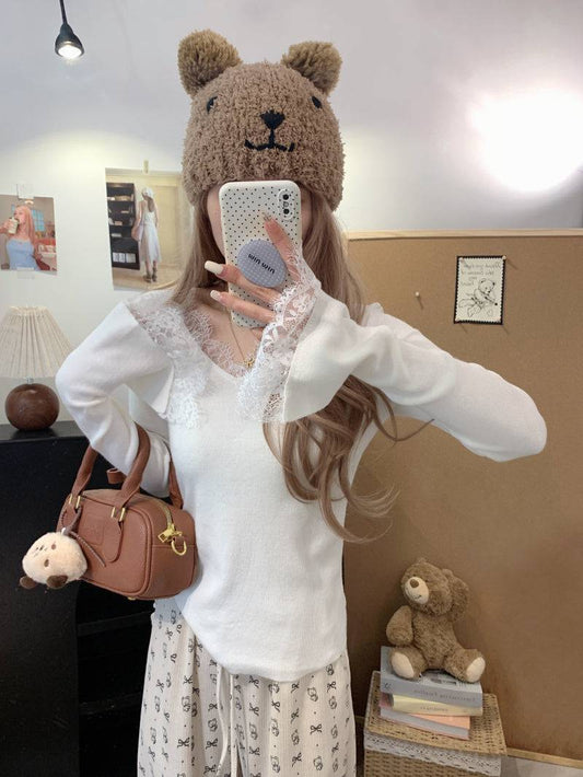 French lace knit top, V-neck pullover for girls, slim fit base layer, soft girl sweater spring, OOTDAY fashion