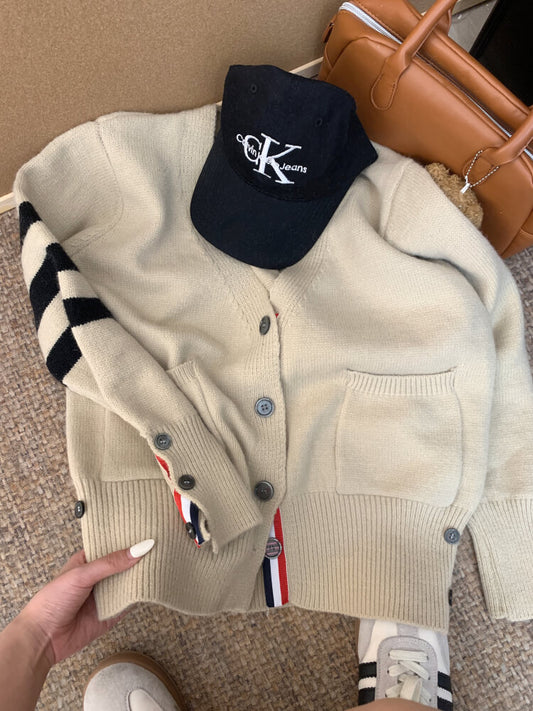 OOTDAY vintage knit cardigan, khaki striped sweater, oversized knit jacket, loose fit fall cardigan, sweet streetwear cardigan