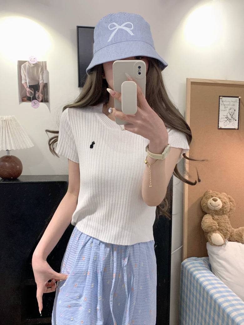 OOTDAY embroidered knit t-shirt, slim fit summer tee for women, sweet soft cotton top, breathable short sleeve knitwear, vintage style summer tee