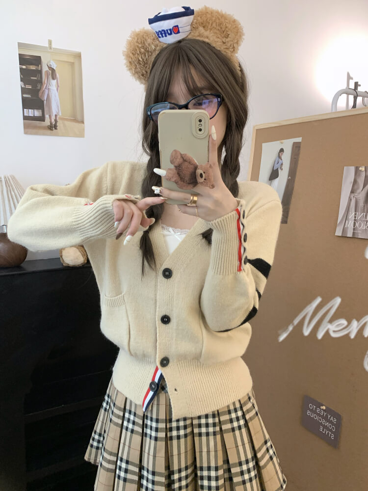 OOTDAY vintage knit cardigan, khaki striped sweater, oversized knit jacket, loose fit fall cardigan, sweet streetwear cardigan
