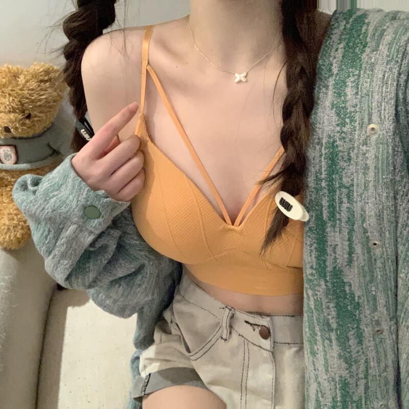 sexy v-neck camisole, push-up bandeau top, summer innerwear outerwear, slim fit camisole, black white khaki cami, OOTDAY cami top