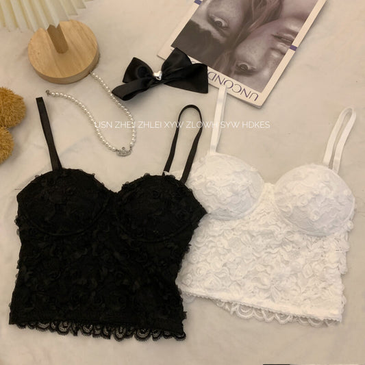lace camisole with bra, slim fit tank top, pure aesthetic top, white and black lace camisole, OOTDAY camisole