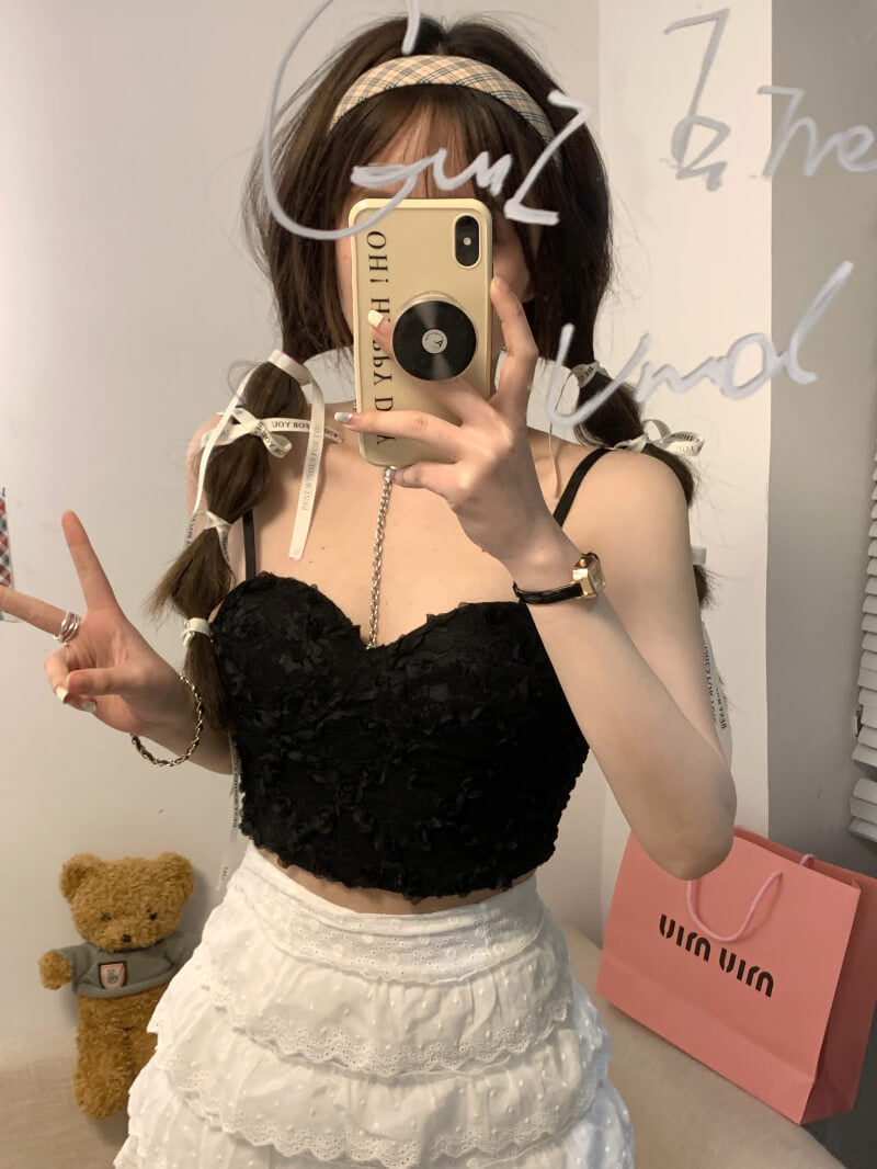 lace camisole with bra, slim fit tank top, pure aesthetic top, white and black lace camisole, OOTDAY camisole