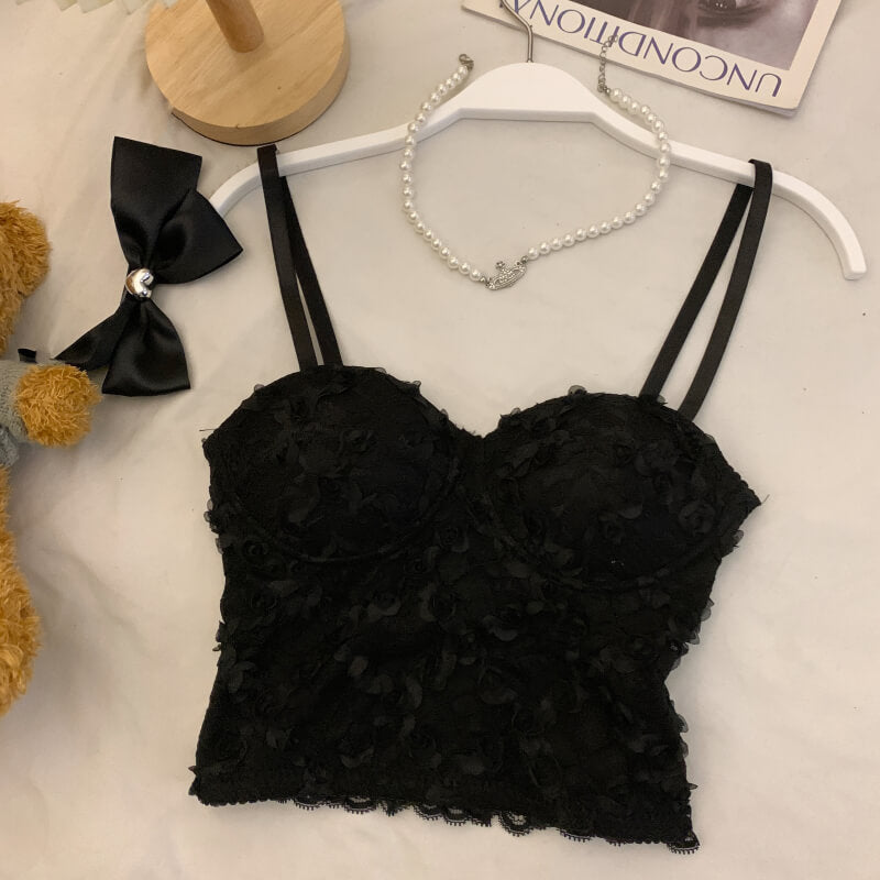 lace camisole with bra, slim fit tank top, pure aesthetic top, white and black lace camisole, OOTDAY camisole