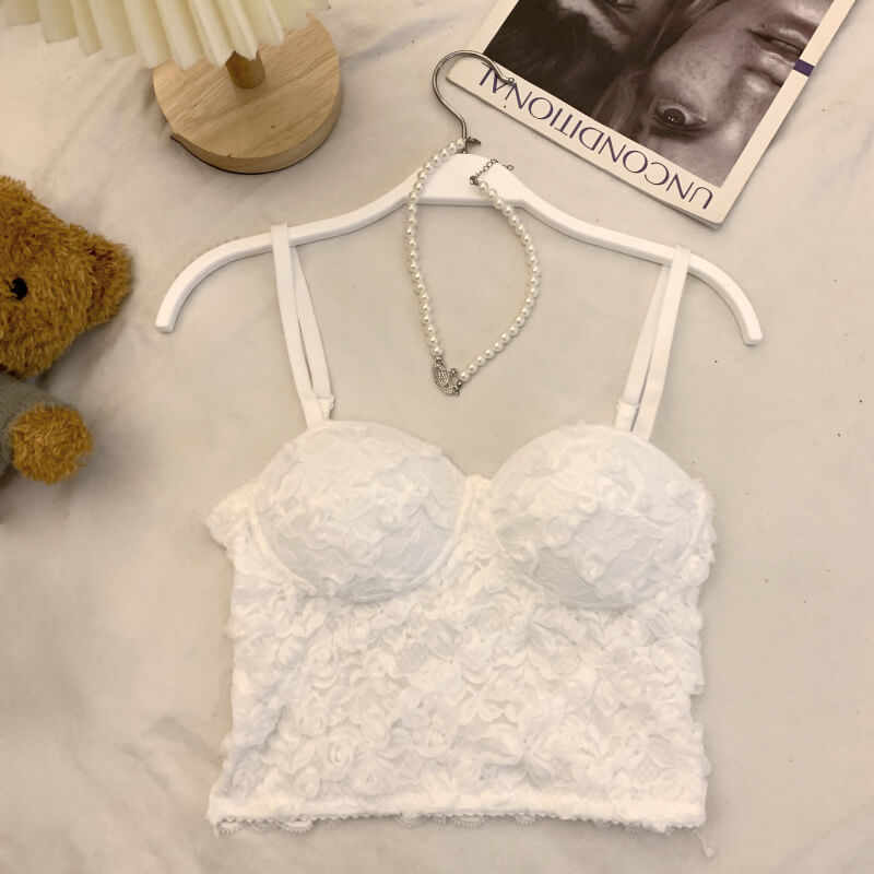 lace camisole with bra, slim fit tank top, pure aesthetic top, white and black lace camisole, OOTDAY camisole