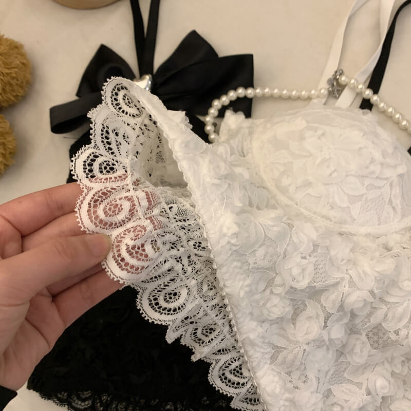 lace camisole with bra, slim fit tank top, pure aesthetic top, white and black lace camisole, OOTDAY camisole