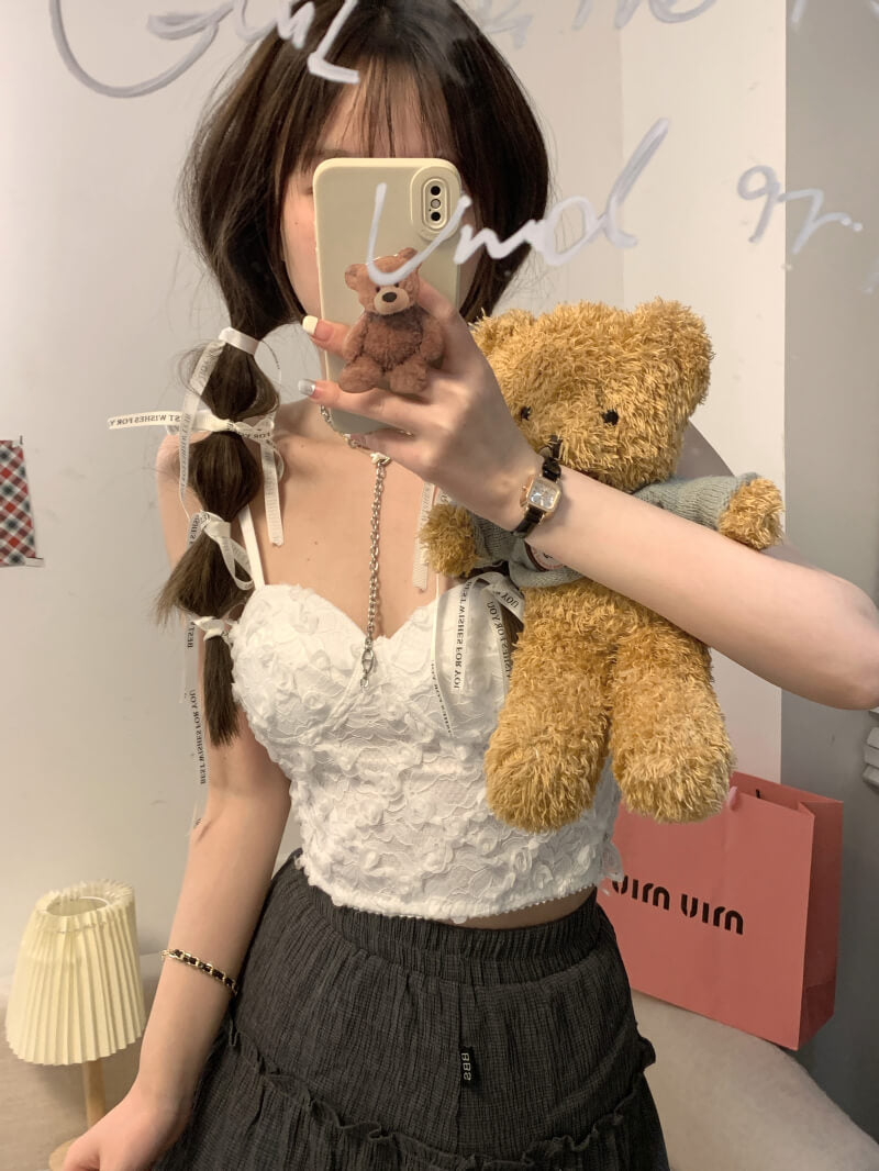 lace camisole with bra, slim fit tank top, pure aesthetic top, white and black lace camisole, OOTDAY camisole