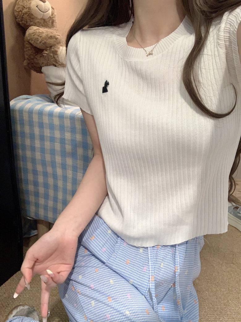 OOTDAY embroidered knit t-shirt, slim fit summer tee for women, sweet soft cotton top, breathable short sleeve knitwear, vintage style summer tee