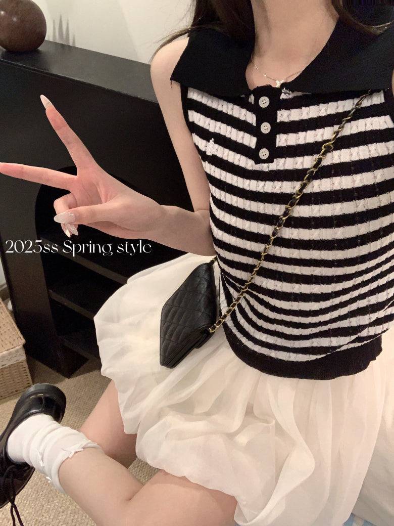 OOTDAY polo knit tank top, striped ice silk sleeveless top, breathable slim knitwear, summer tank for women, versatile knit vest with collar