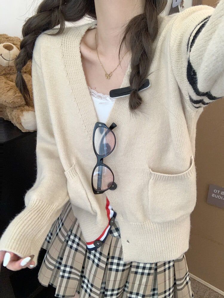 OOTDAY vintage knit cardigan, khaki striped sweater, oversized knit jacket, loose fit fall cardigan, sweet streetwear cardigan