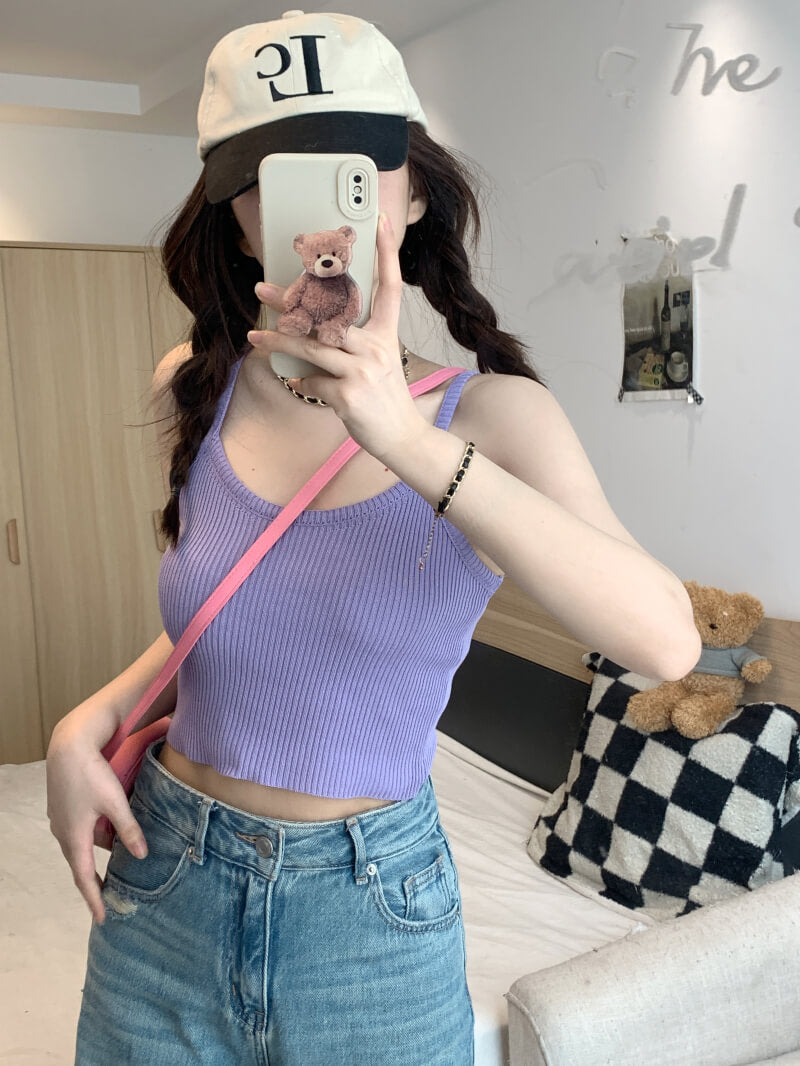 slim knit camisole, summer tank top for women, trendy cropped knit top, OOTDAY camisole 2025