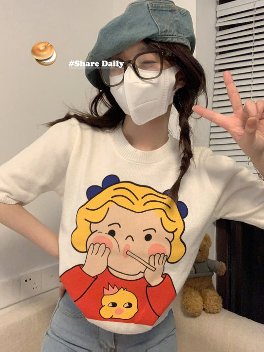 Cartoon girl print slim fit cropped tee, cute Japanese-style knit t-shirt for petite girls by OOTDAY