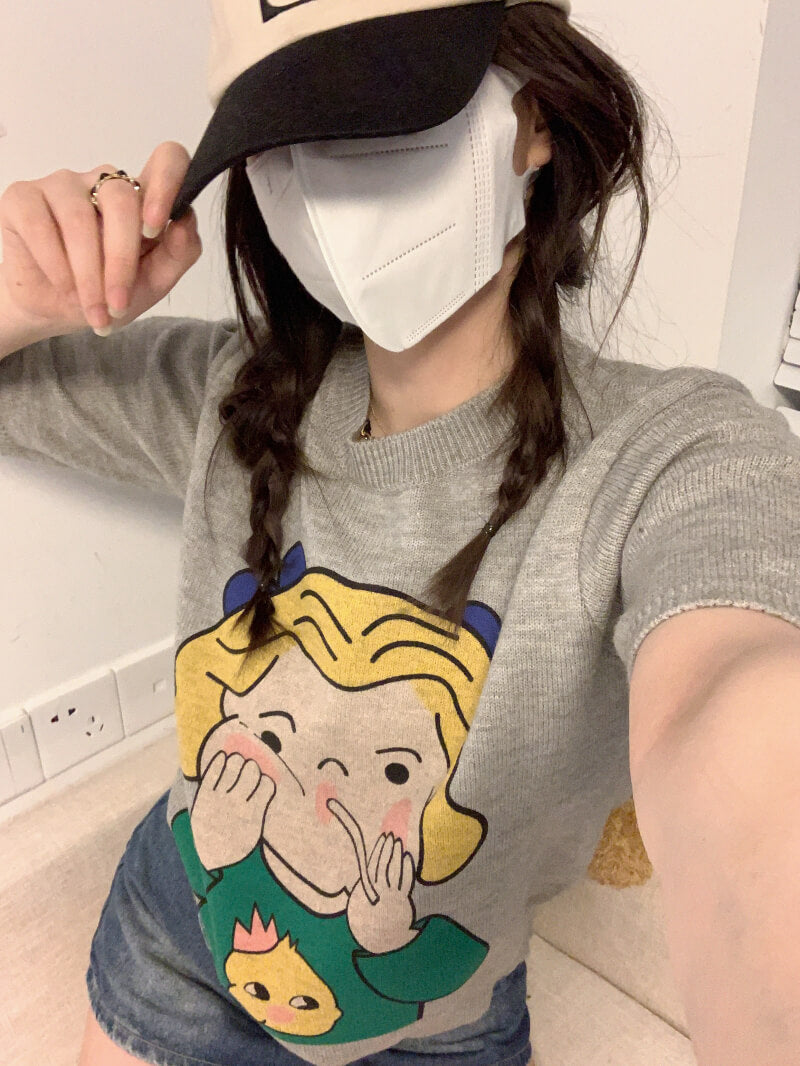 Cartoon girl print slim fit cropped tee, cute Japanese-style knit t-shirt for petite girls by OOTDAY