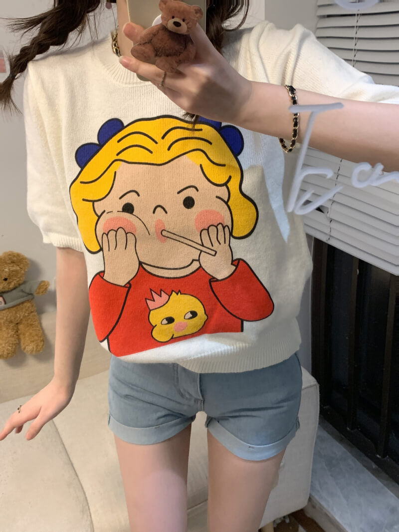 Cartoon girl print slim fit cropped tee, cute Japanese-style knit t-shirt for petite girls by OOTDAY