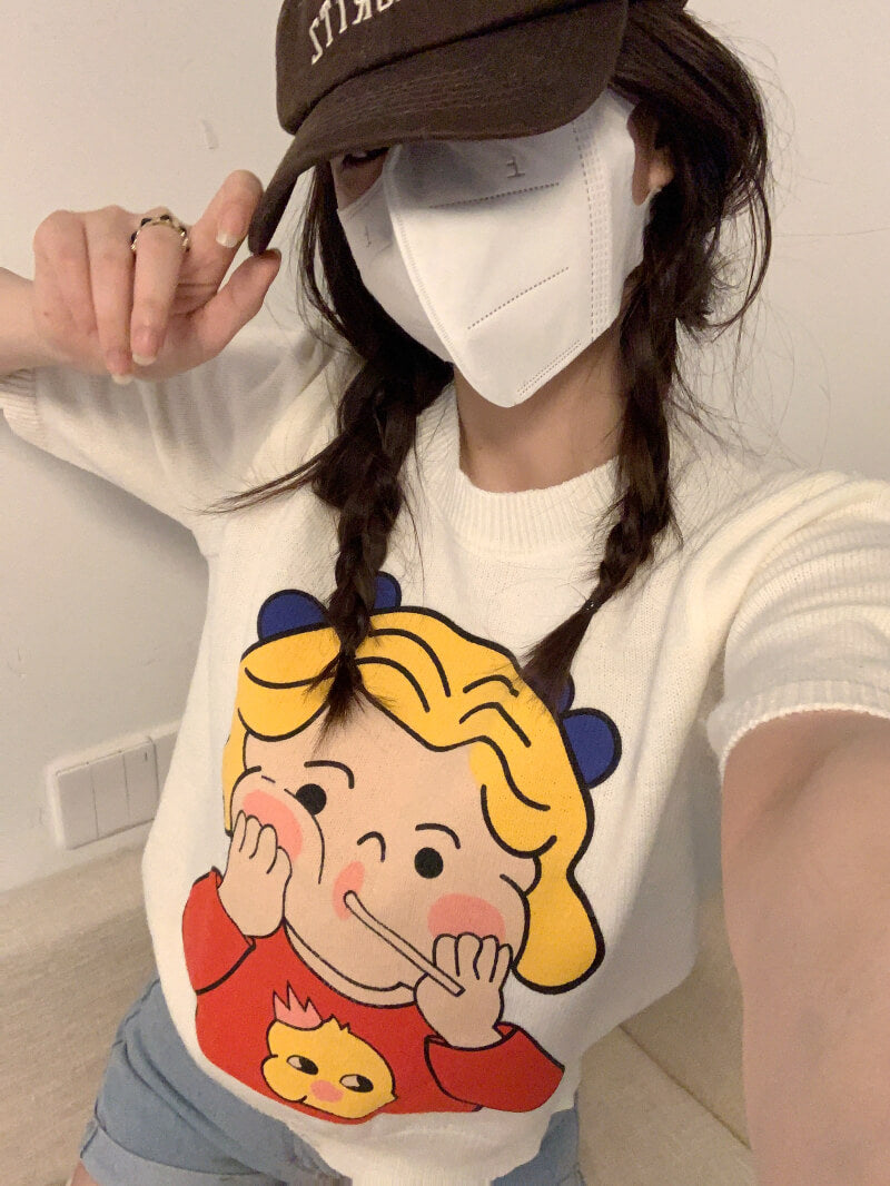 Cartoon girl print slim fit cropped tee, cute Japanese-style knit t-shirt for petite girls by OOTDAY