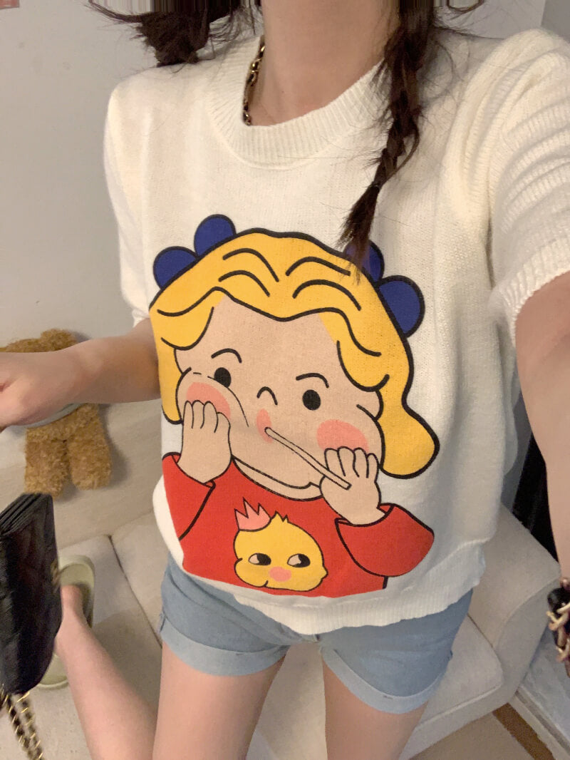 Cartoon girl print slim fit cropped tee, cute Japanese-style knit t-shirt for petite girls by OOTDAY