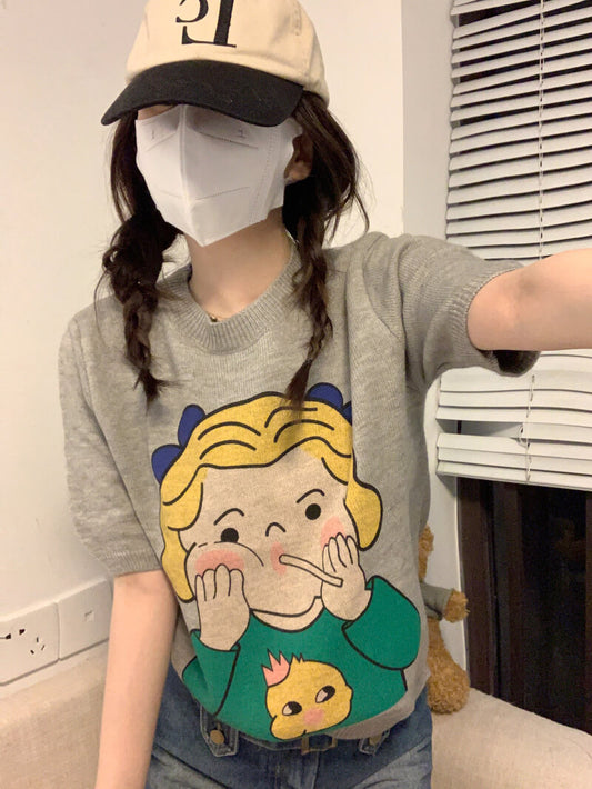 Cartoon girl print slim fit cropped tee, cute Japanese-style knit t-shirt for petite girls by OOTDAY