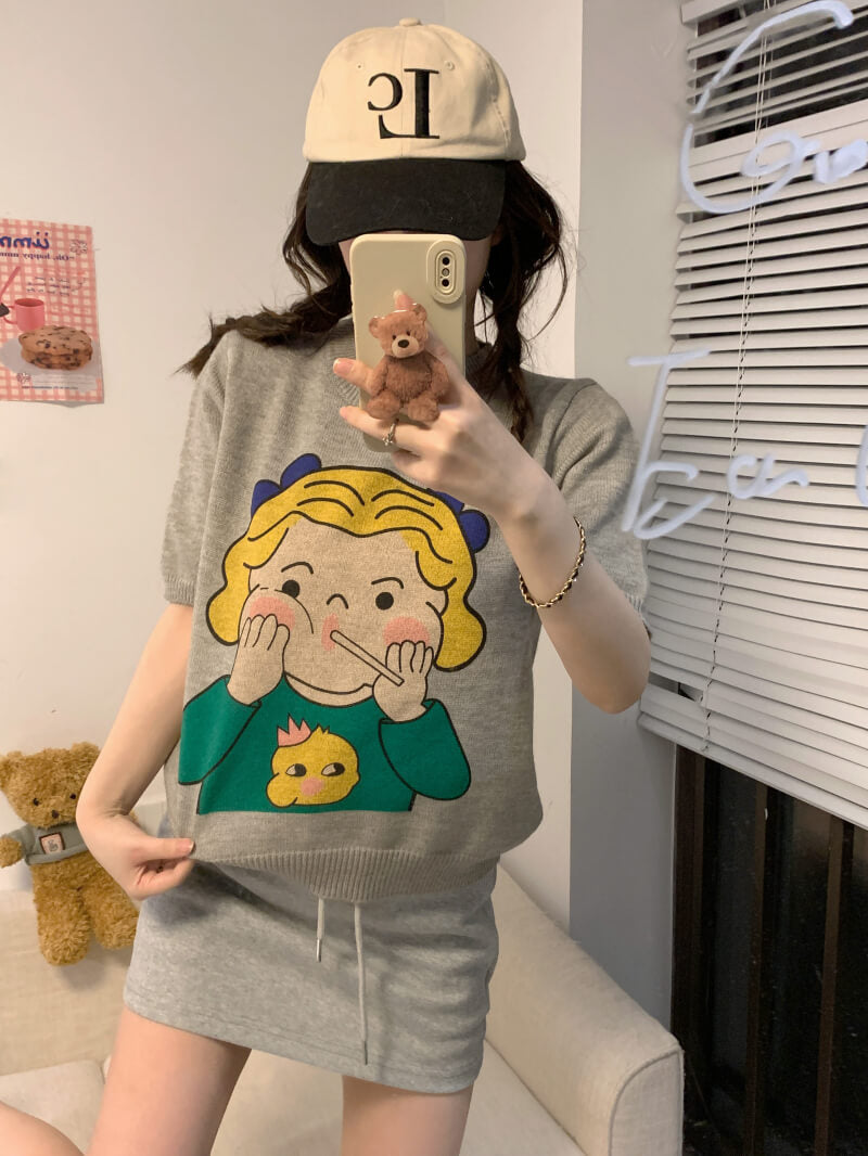 Cartoon girl print slim fit cropped tee, cute Japanese-style knit t-shirt for petite girls by OOTDAY