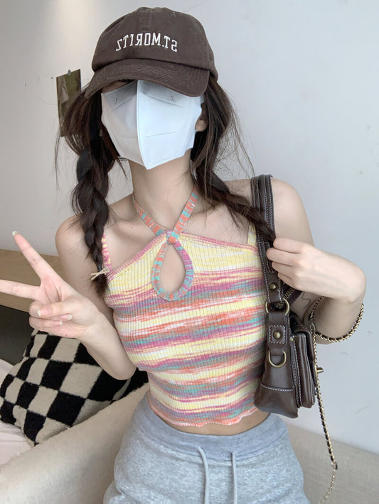 Striped cropped knit camisole for girls, summer off-shoulder Y2K tank top by OOTDAY