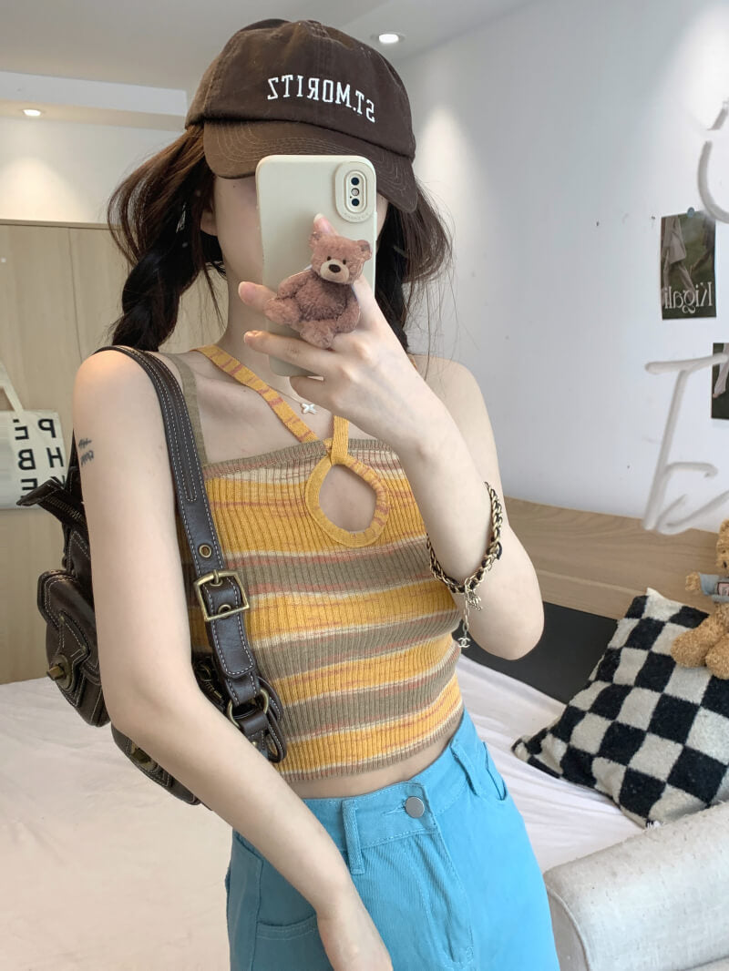 Striped cropped knit camisole for girls, summer off-shoulder Y2K tank top by OOTDAY