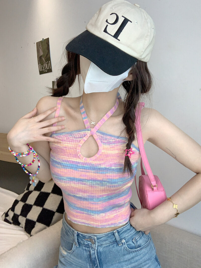 Striped cropped knit camisole for girls, summer off-shoulder Y2K tank top by OOTDAY