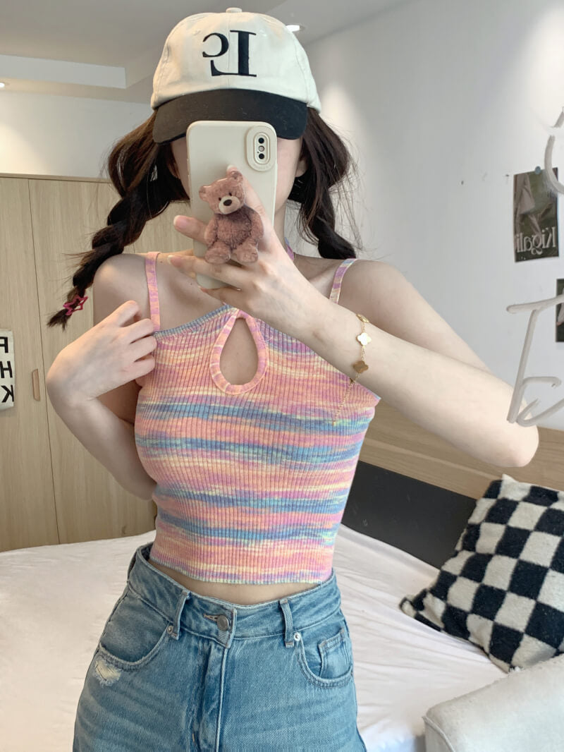 Striped cropped knit camisole for girls, summer off-shoulder Y2K tank top by OOTDAY