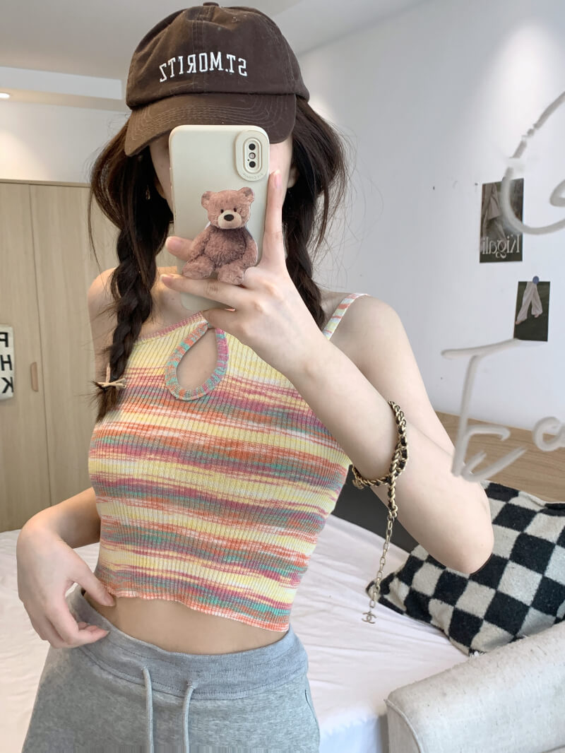 Striped cropped knit camisole for girls, summer off-shoulder Y2K tank top by OOTDAY