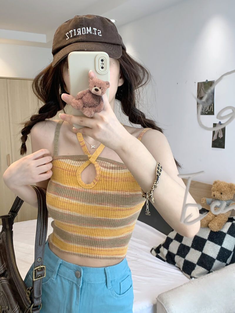 Striped cropped knit camisole for girls, summer off-shoulder Y2K tank top by OOTDAY