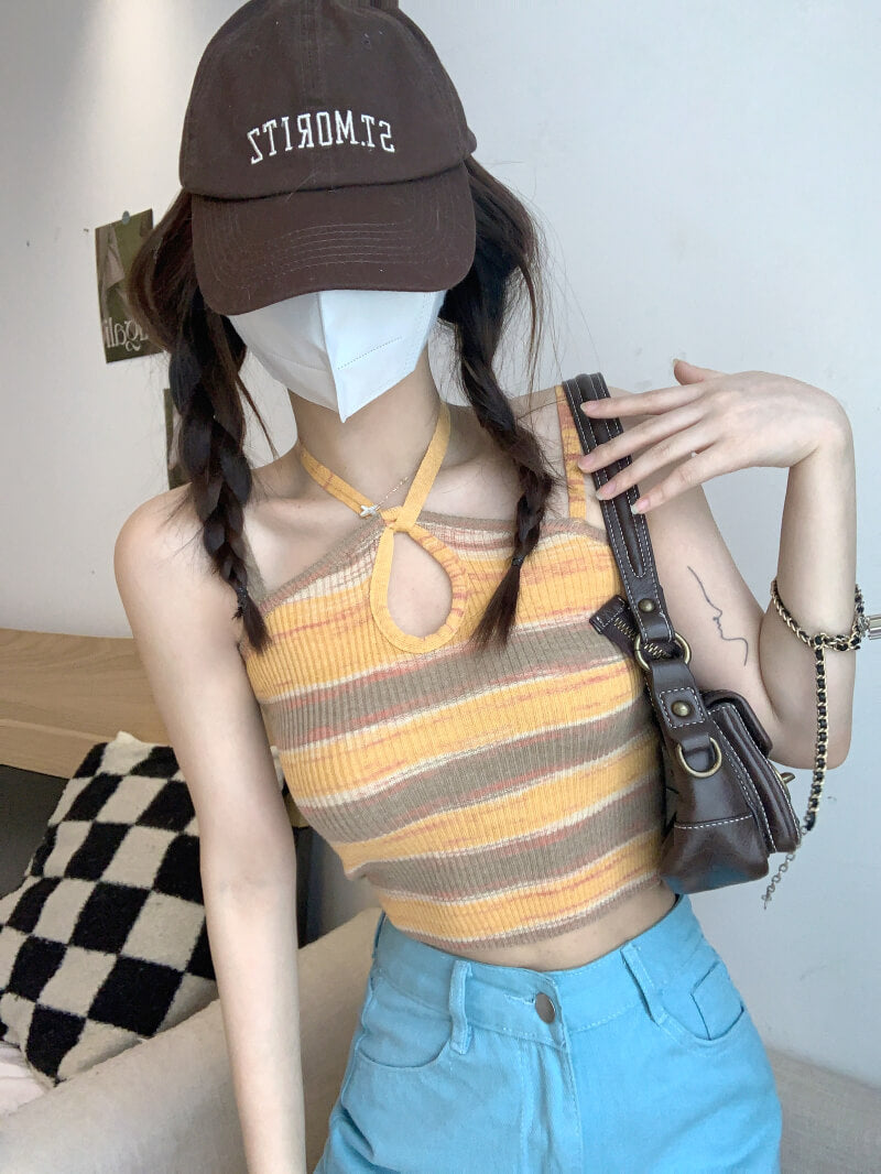 Striped cropped knit camisole for girls, summer off-shoulder Y2K tank top by OOTDAY