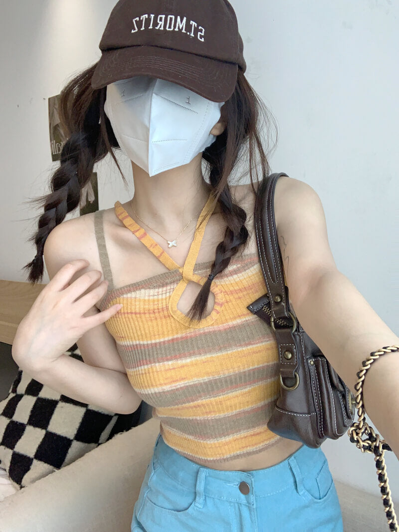 Striped cropped knit camisole for girls, summer off-shoulder Y2K tank top by OOTDAY