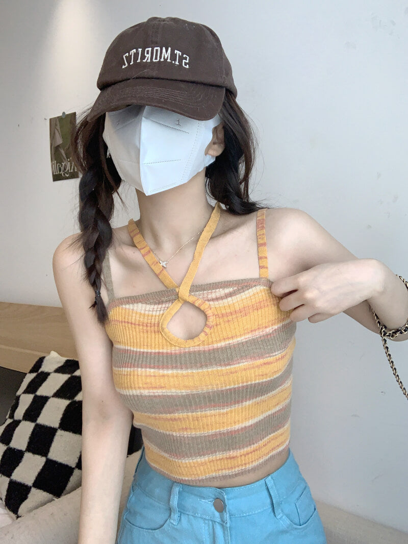 Striped cropped knit camisole for girls, summer off-shoulder Y2K tank top by OOTDAY