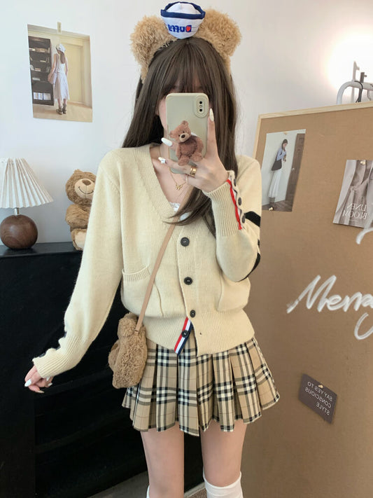 OOTDAY vintage knit cardigan, khaki striped sweater, oversized knit jacket, loose fit fall cardigan, sweet streetwear cardigan