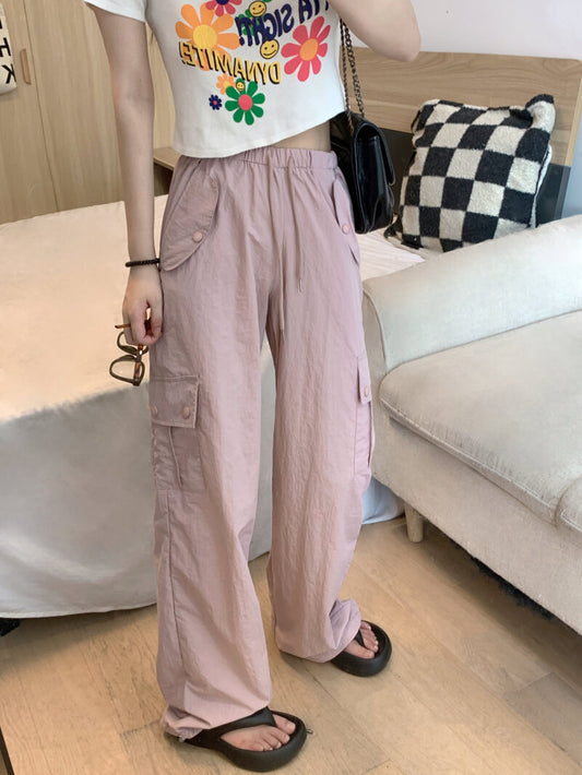 Pink drawstring wide-leg cargo pants for girls, high waist spring streetwear by OOTDAY