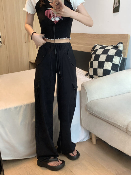 Pink drawstring wide-leg cargo pants for girls, high waist spring streetwear by OOTDAY