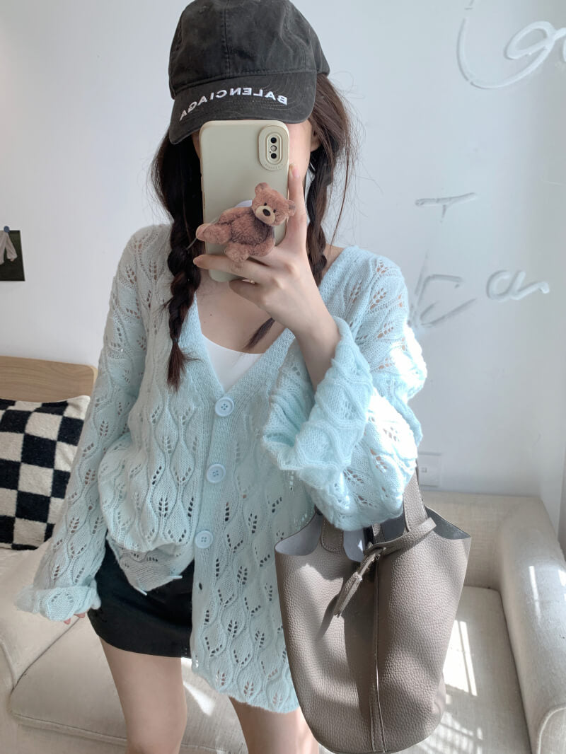 Sweet embossed knit cardigan for girls, spring lightweight cardigan, hollow out knitwear by OOTDAY