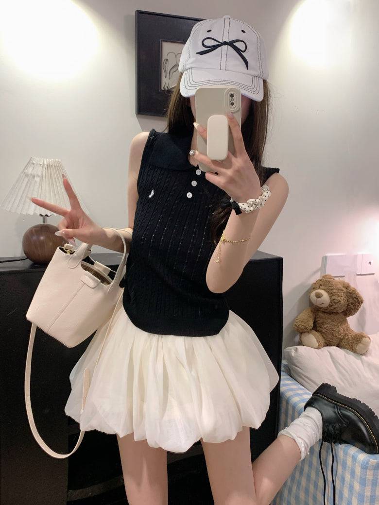 OOTDAY polo knit tank top, striped ice silk sleeveless top, breathable slim knitwear, summer tank for women, versatile knit vest with collar