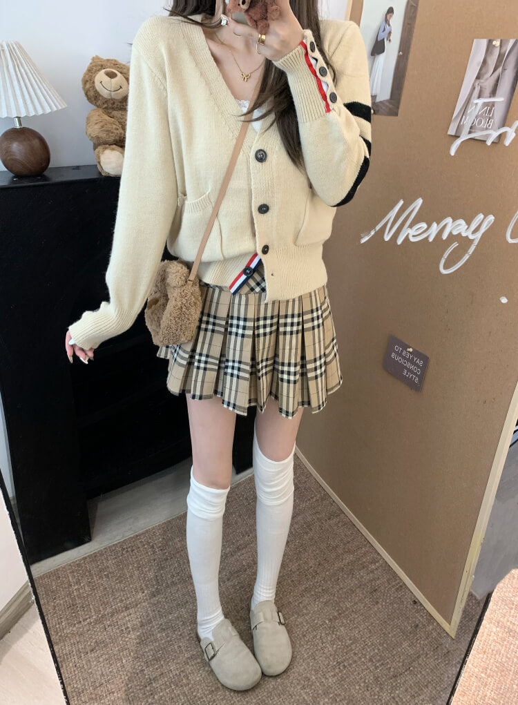 OOTDAY vintage knit cardigan, khaki striped sweater, oversized knit jacket, loose fit fall cardigan, sweet streetwear cardigan