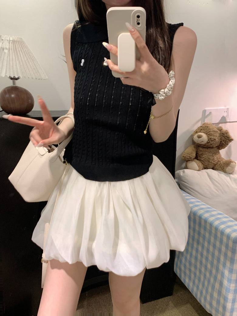 OOTDAY polo knit tank top, striped ice silk sleeveless top, breathable slim knitwear, summer tank for women, versatile knit vest with collar