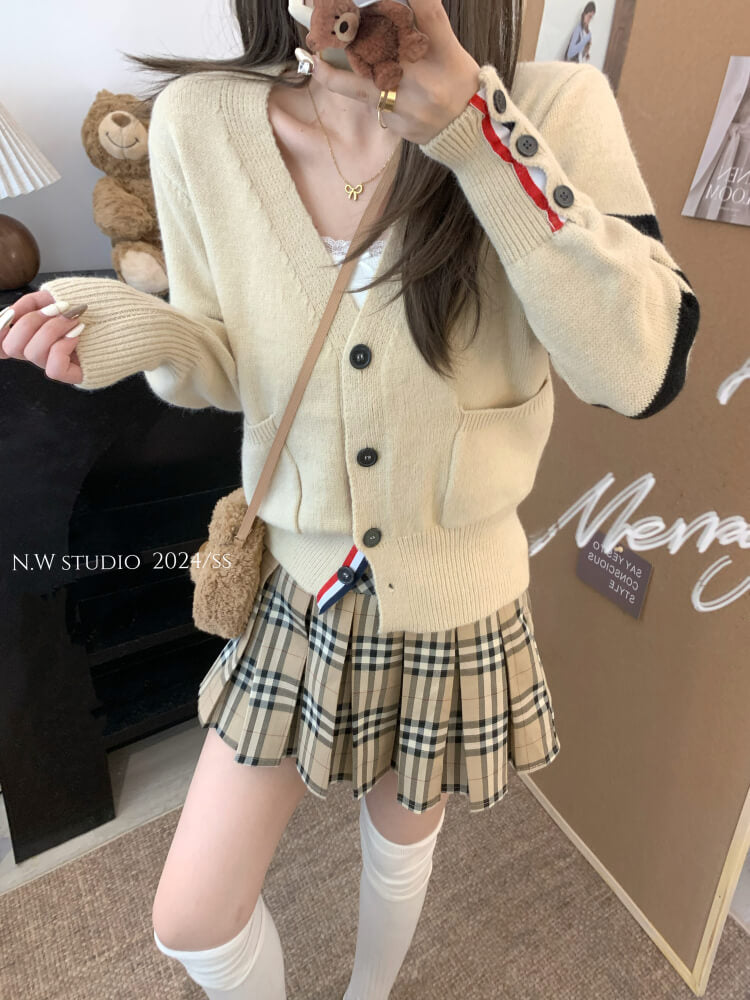 OOTDAY vintage knit cardigan, khaki striped sweater, oversized knit jacket, loose fit fall cardigan, sweet streetwear cardigan