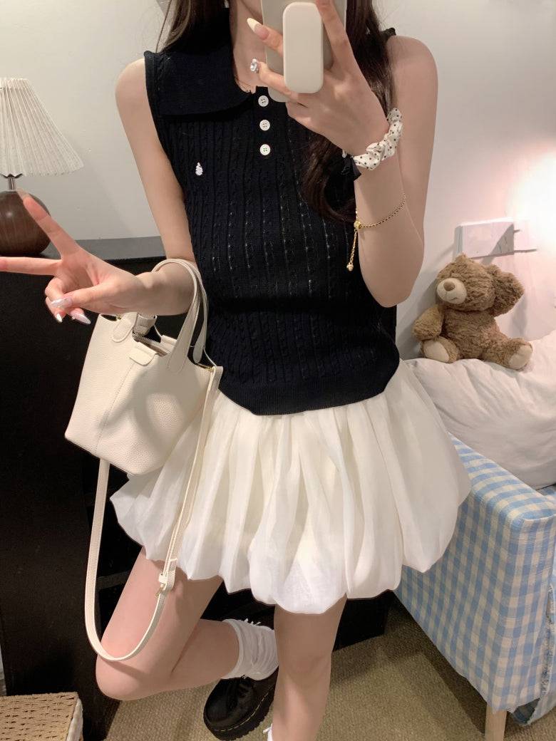 OOTDAY polo knit tank top, striped ice silk sleeveless top, breathable slim knitwear, summer tank for women, versatile knit vest with collar