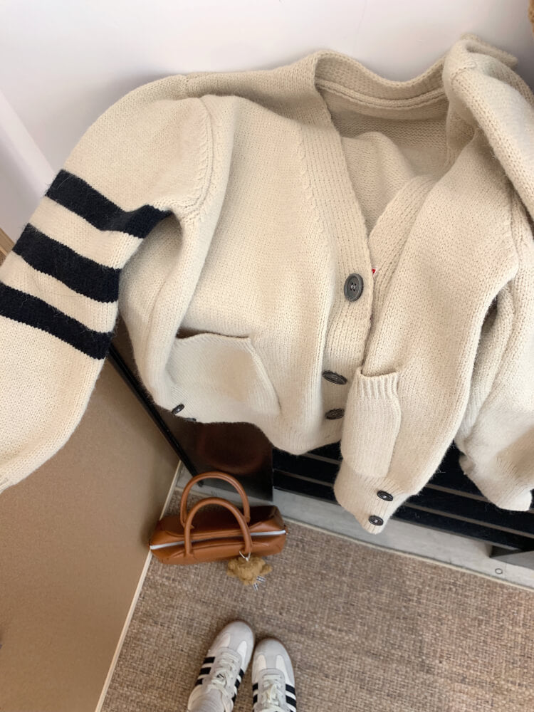 OOTDAY vintage knit cardigan, khaki striped sweater, oversized knit jacket, loose fit fall cardigan, sweet streetwear cardigan