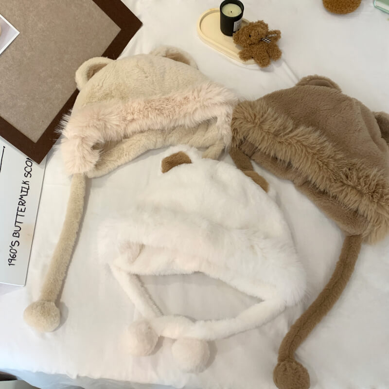 OOTDAY Cute Bear Ear Plush Hat – Warm Casual Winter Cap for Girls