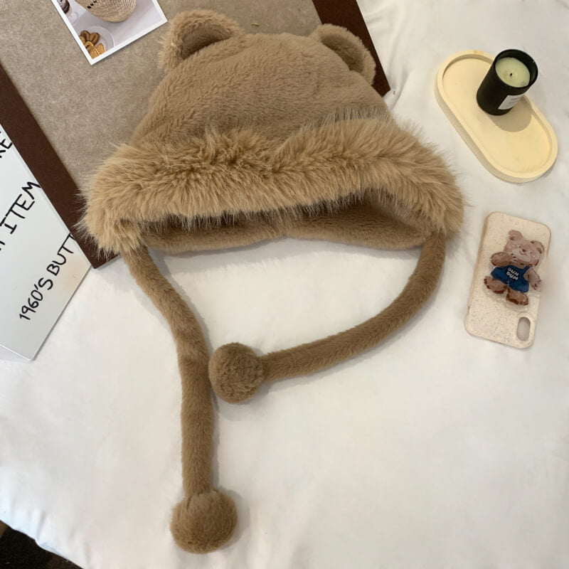 OOTDAY Cute Bear Ear Plush Hat – Warm Casual Winter Cap for Girls