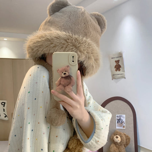OOTDAY Cute Bear Ear Plush Hat – Warm Casual Winter Cap for Girls