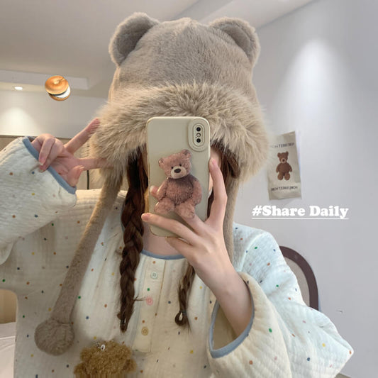 OOTDAY Cute Bear Ear Plush Hat – Warm Casual Winter Cap for Girls