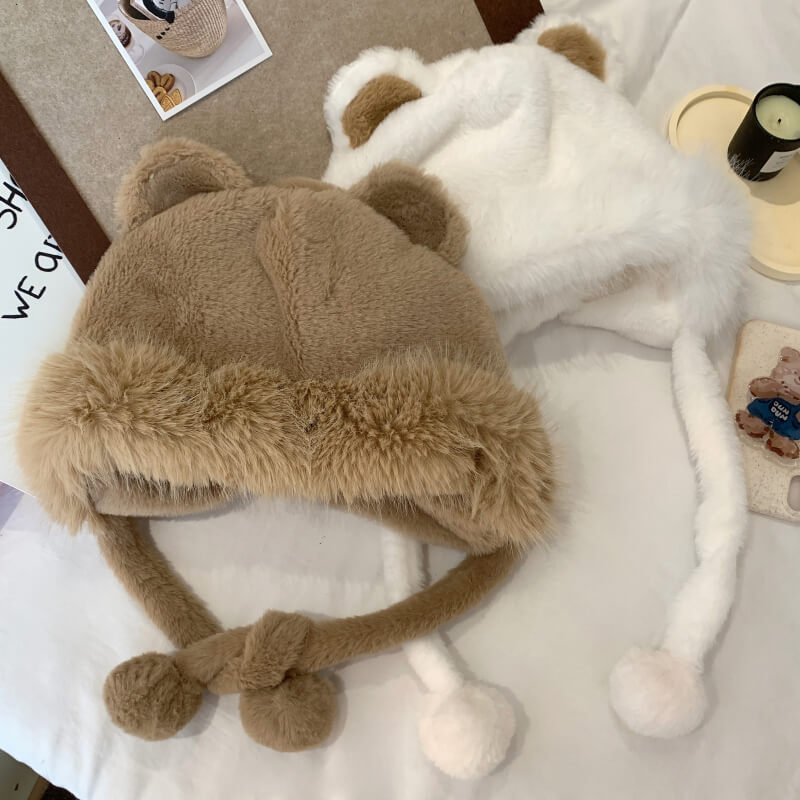 OOTDAY Cute Bear Ear Plush Hat – Warm Casual Winter Cap for Girls