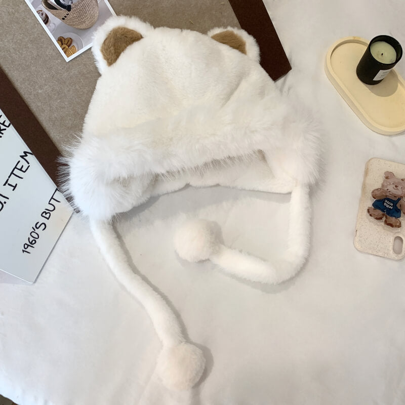 OOTDAY Cute Bear Ear Plush Hat – Warm Casual Winter Cap for Girls