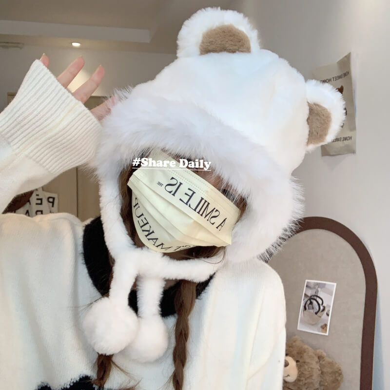 OOTDAY Cute Bear Ear Plush Hat – Warm Casual Winter Cap for Girls