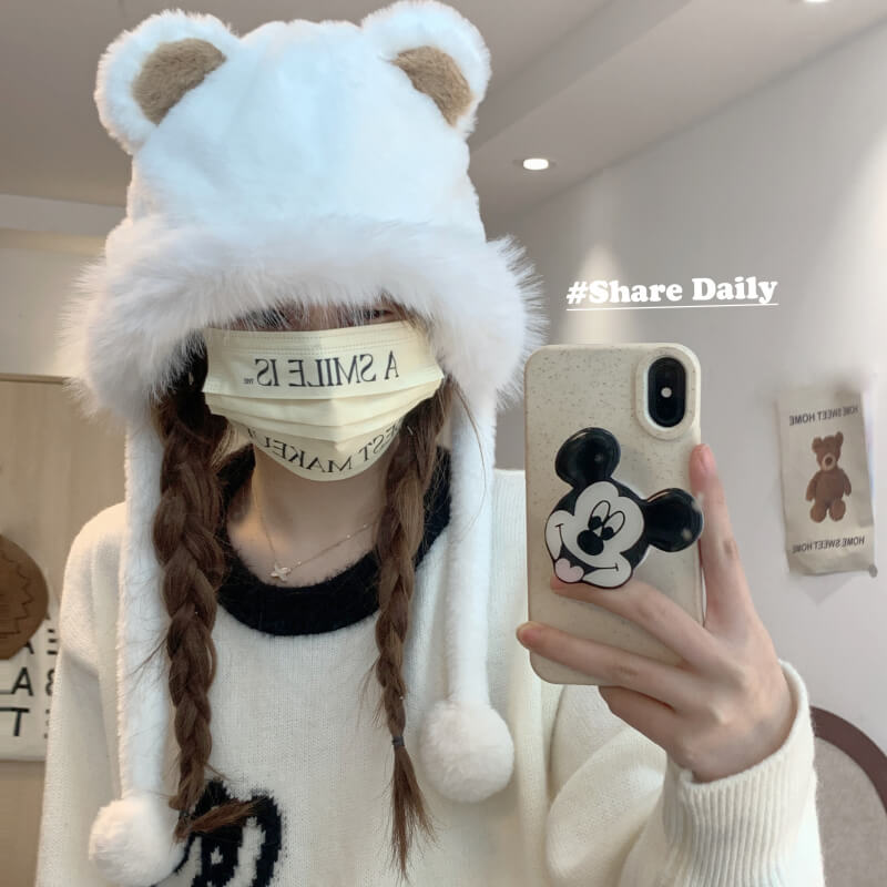 OOTDAY Cute Bear Ear Plush Hat – Warm Casual Winter Cap for Girls